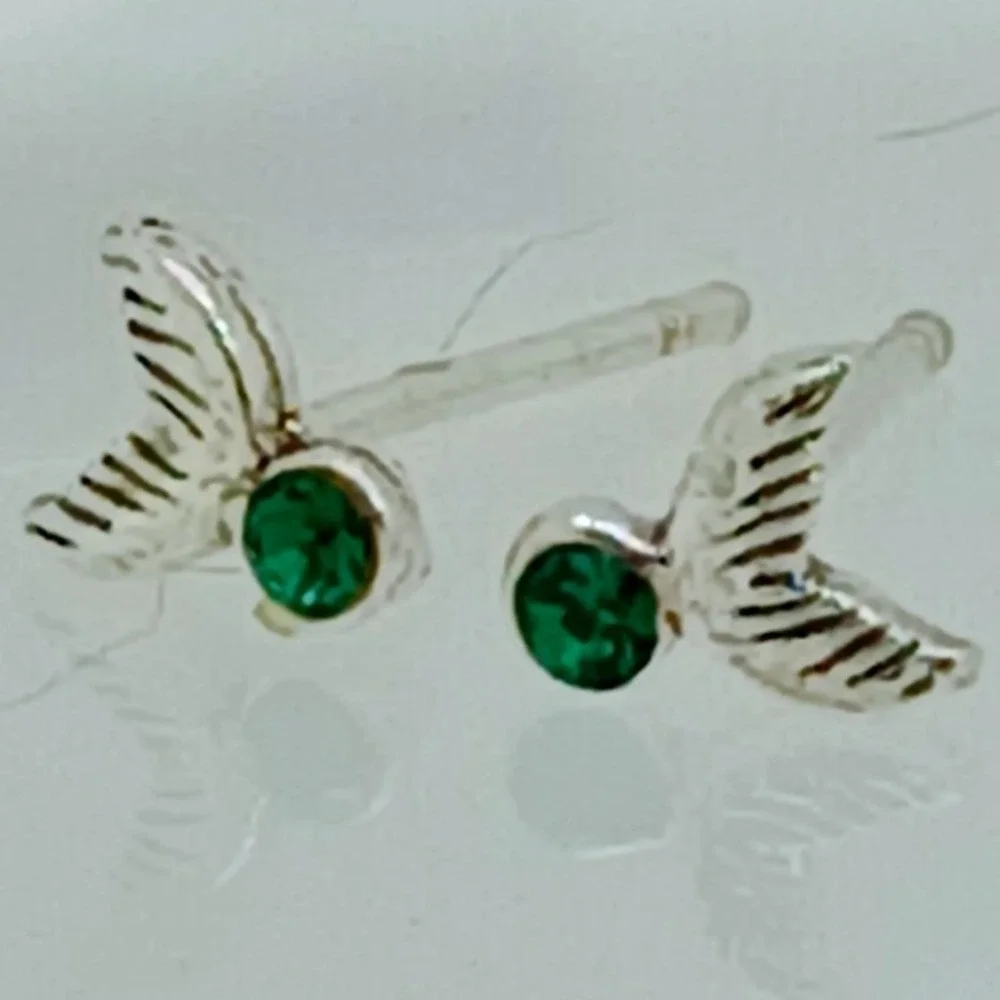 Sterling Silver 925 Mermaid Tail Stud Earrings Green Crystal Nautical Jewelry‎